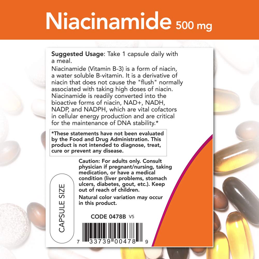 NOW Foods Niacinamide 500 mg, close-up des capsules, finition lisse et naturelle.