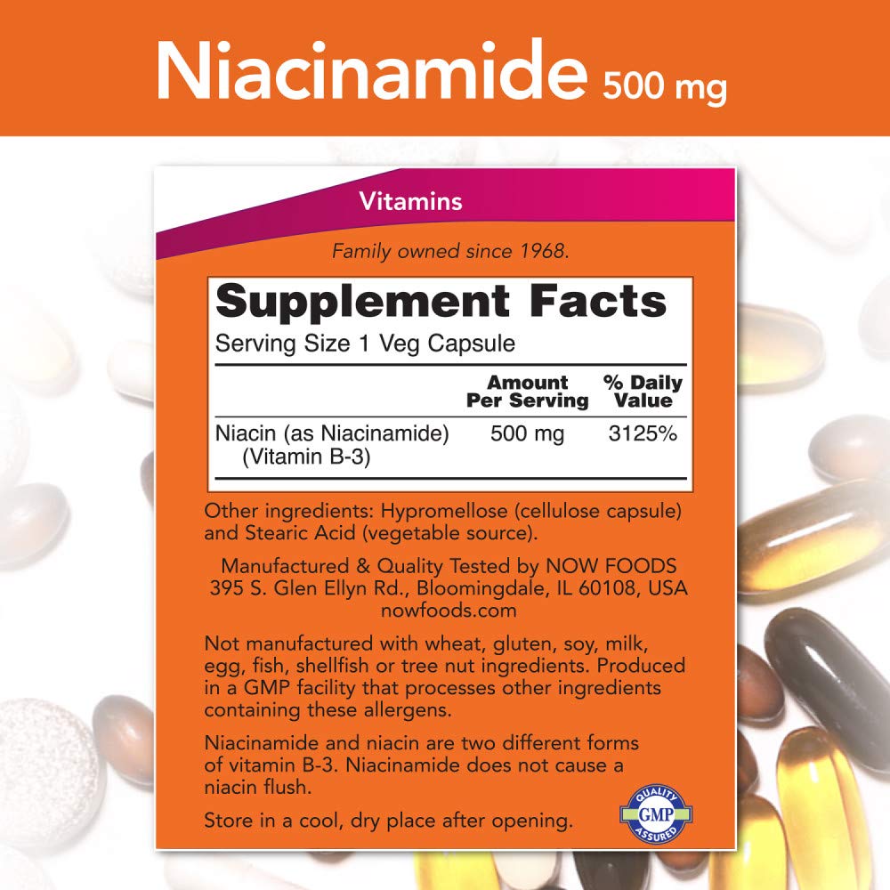 Étiquette NOW Foods Niacinamide 500 mg offrant des informations nutritionnelles claires et utiles.