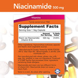 Étiquette NOW Foods Niacinamide 500 mg offrant des informations nutritionnelles claires et utiles.