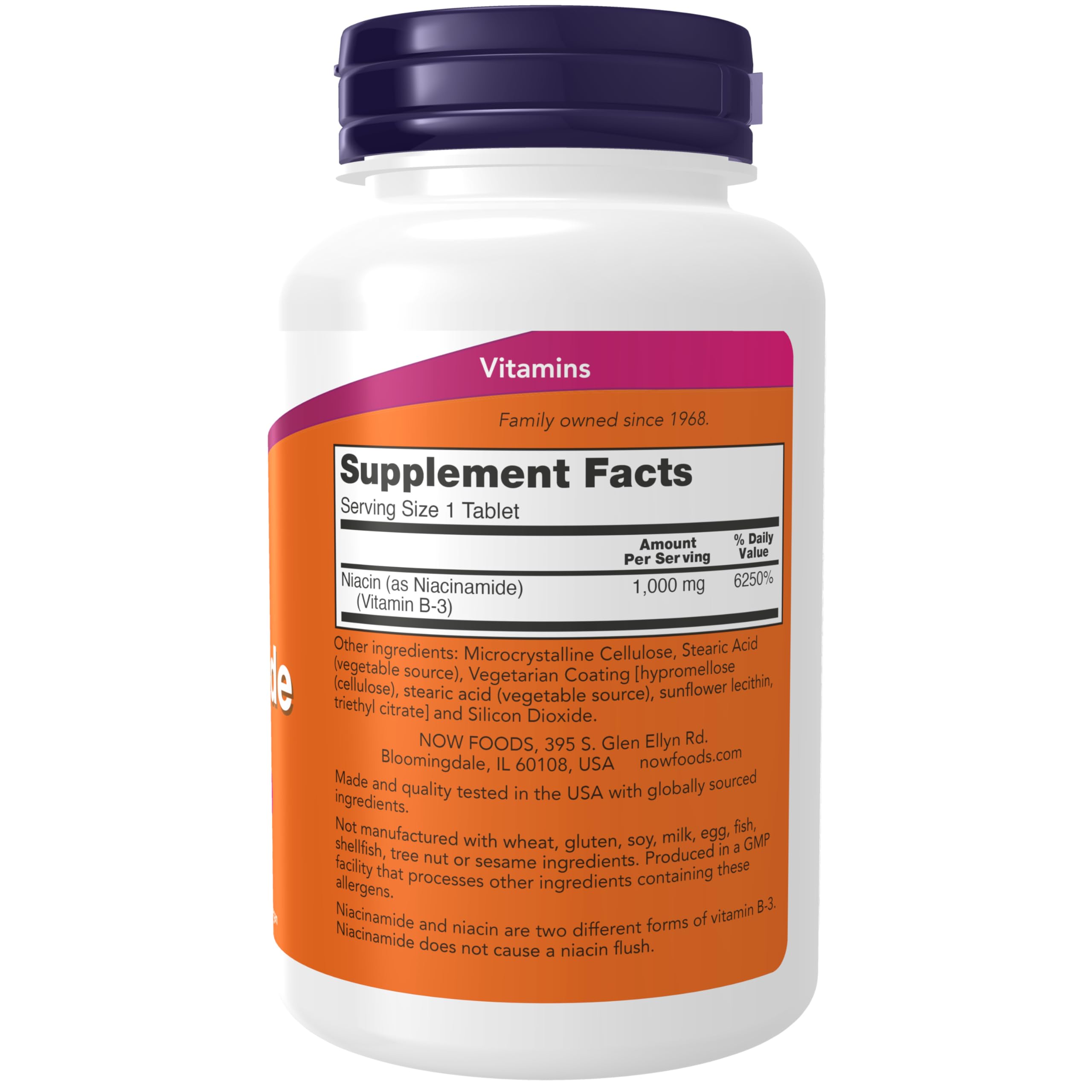 NOW Foods Niacinamide - Tablettes blanches sans flush pour énergie