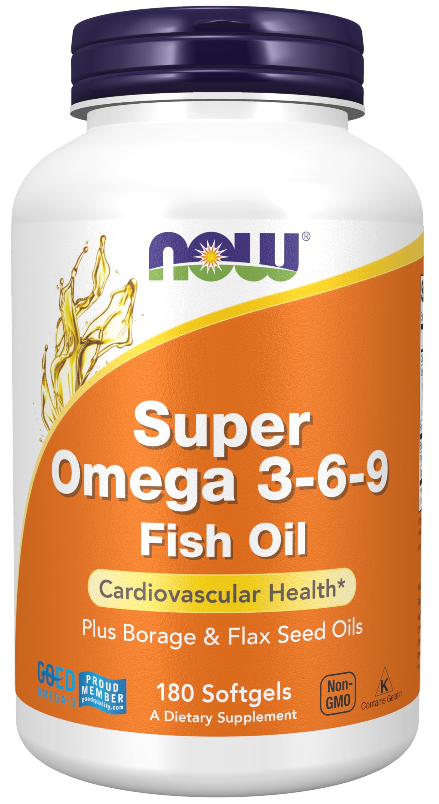 NOW Foods Omega 3-6-9, bouteille softgels, soutien cardio potentiel.