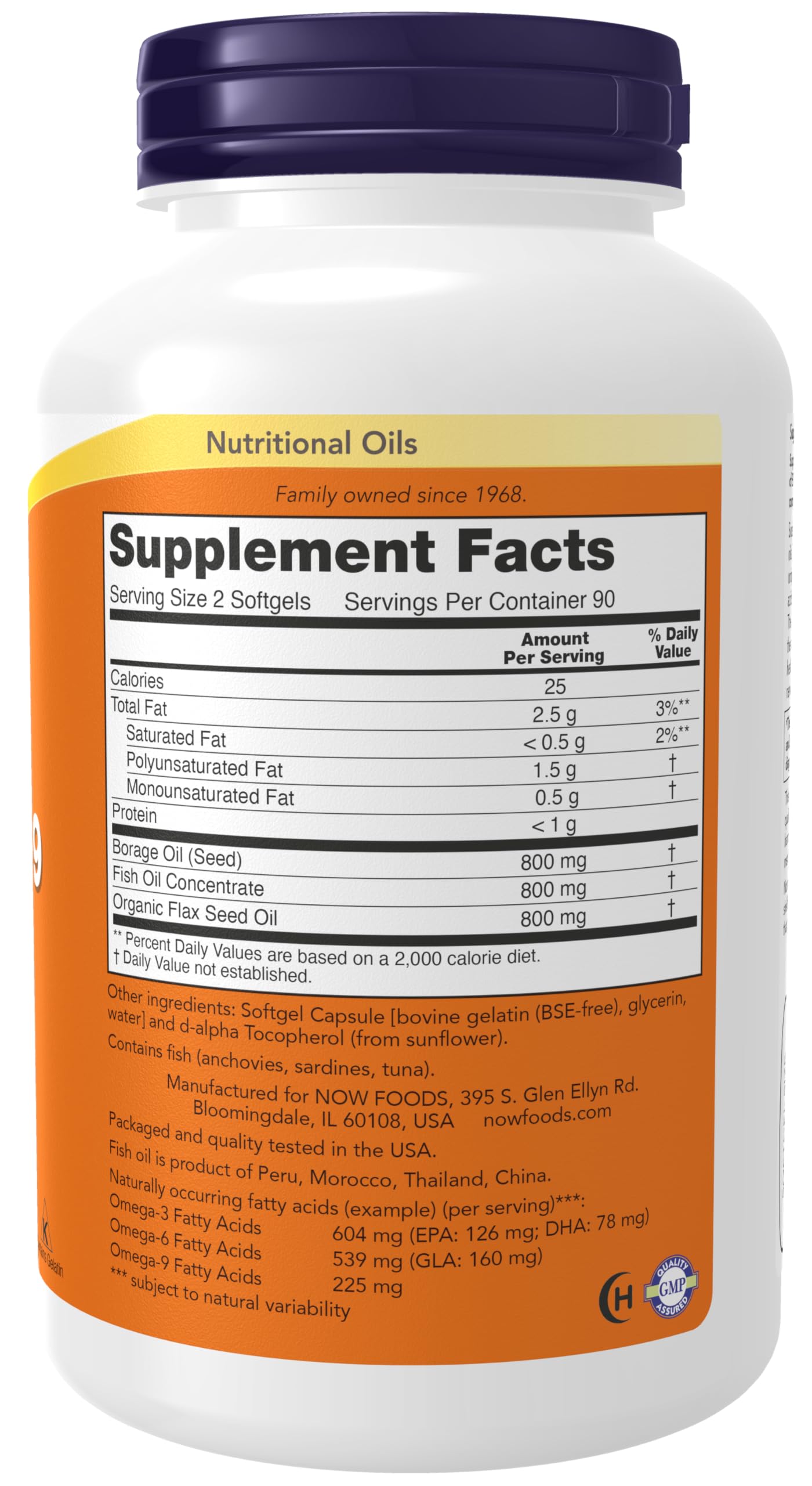 NOW Foods Omega 3-6-9, dosage quotidien pratique pour l'équilibre des graisses.
