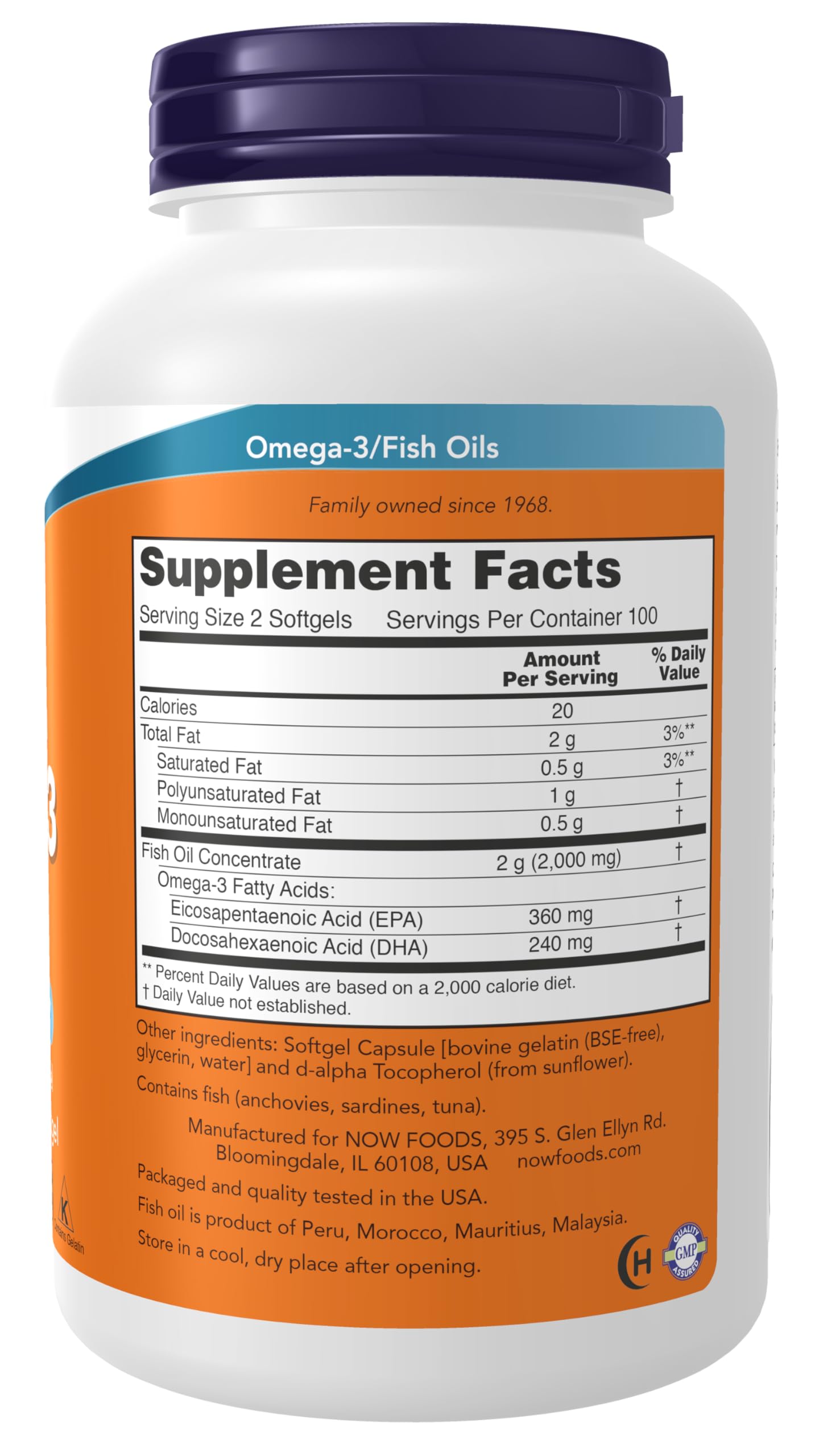NOW Foods Omega-3 gélules EPA/DHA en premier plan, teneur 180 EPA / 120 DHA