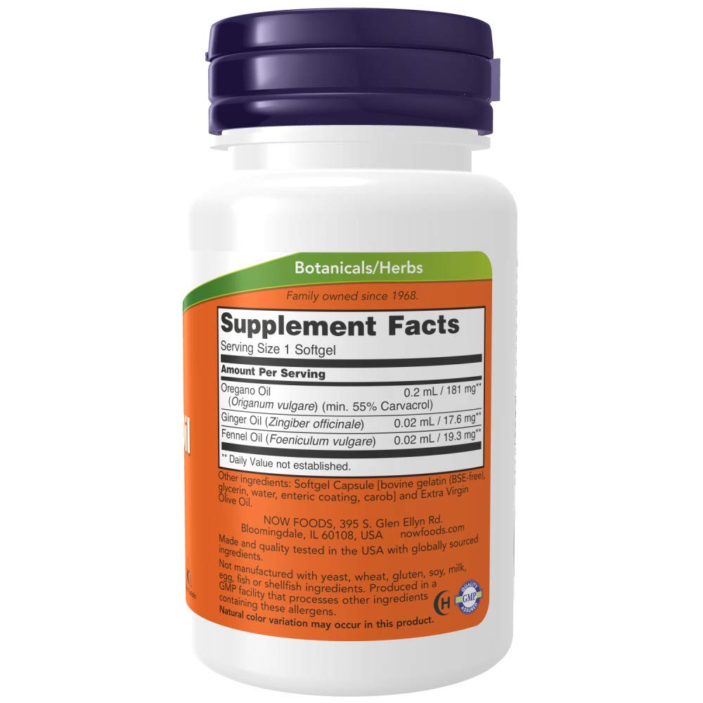 NOW Foods Oregano Oil – gélules carvacrol 55 pourcent garantissant concentration standardisée.
