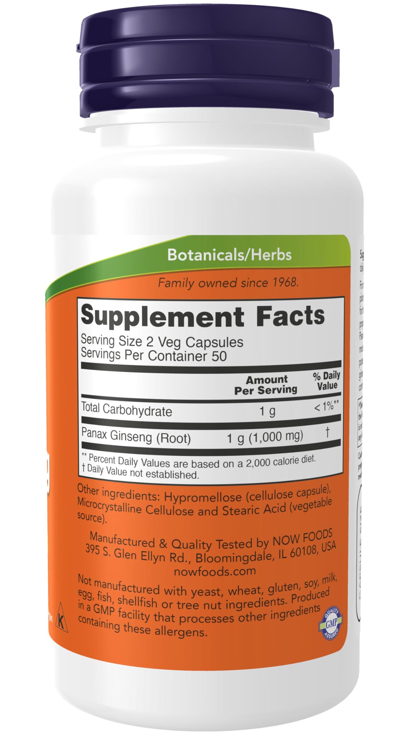 NOW Foods Panax Ginseng 100 caps – étiquette montrant le format et les informations GMP fiables
