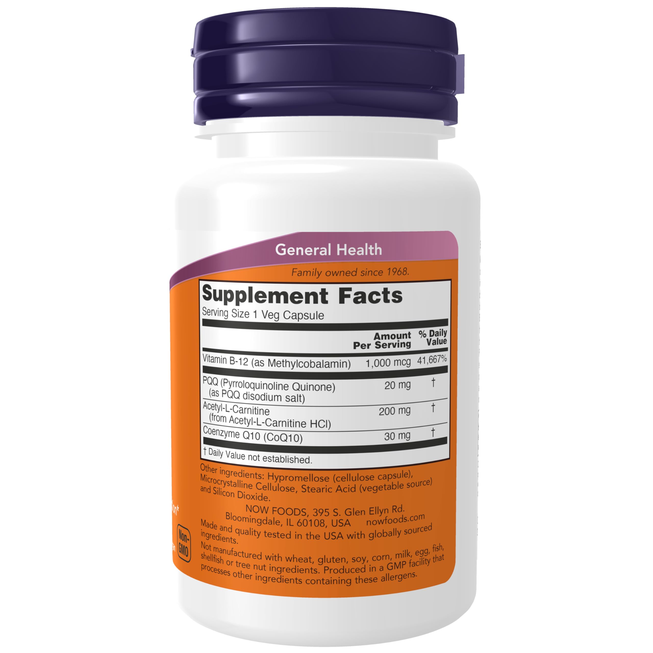 NOW Foods PQQ Energy – Capsules en détail, vue proche des ingrédients clés.