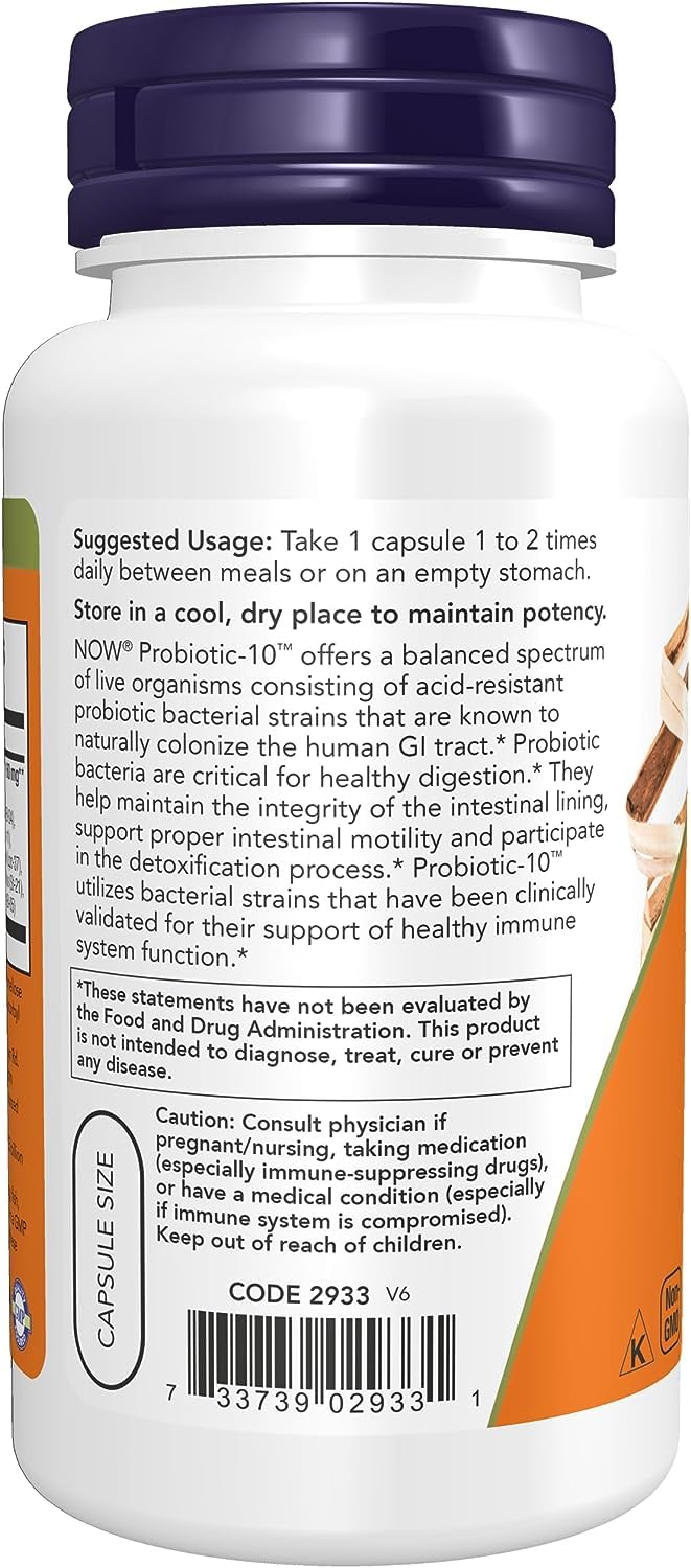 Now Foods Probiotic-10, étiquette lisible indiquant 25 milliards et 10 souches.