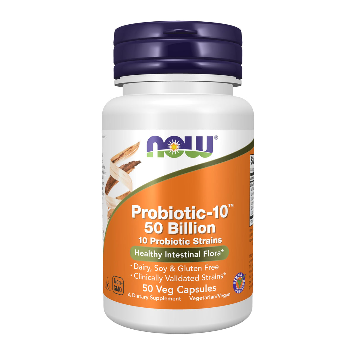 NOW Foods Probiotic-10: bouteille avec étiquette, potentiel pour soutenir la flore intestinale.