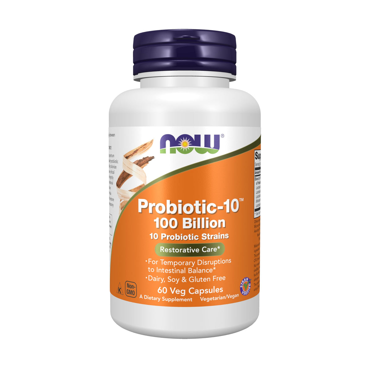 NOW Foods Probiotic-10 bouteille et étiquette visibles, soutien digestif potentiel