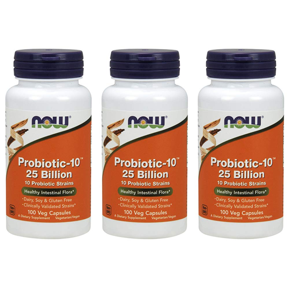 NOW Foods Probiotic-10, emballage, pack de trois bouteilles pratique.
