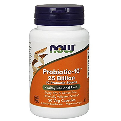 Gélules NOW Foods Probiotic-10 en gros plan, soutien potentiel à la digestion.