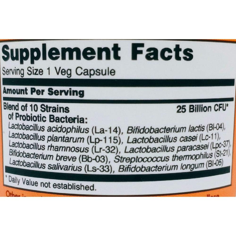 NOW Foods Probiotique 10-25 milliards – étiquette lisible pour conseils d’utilisation.