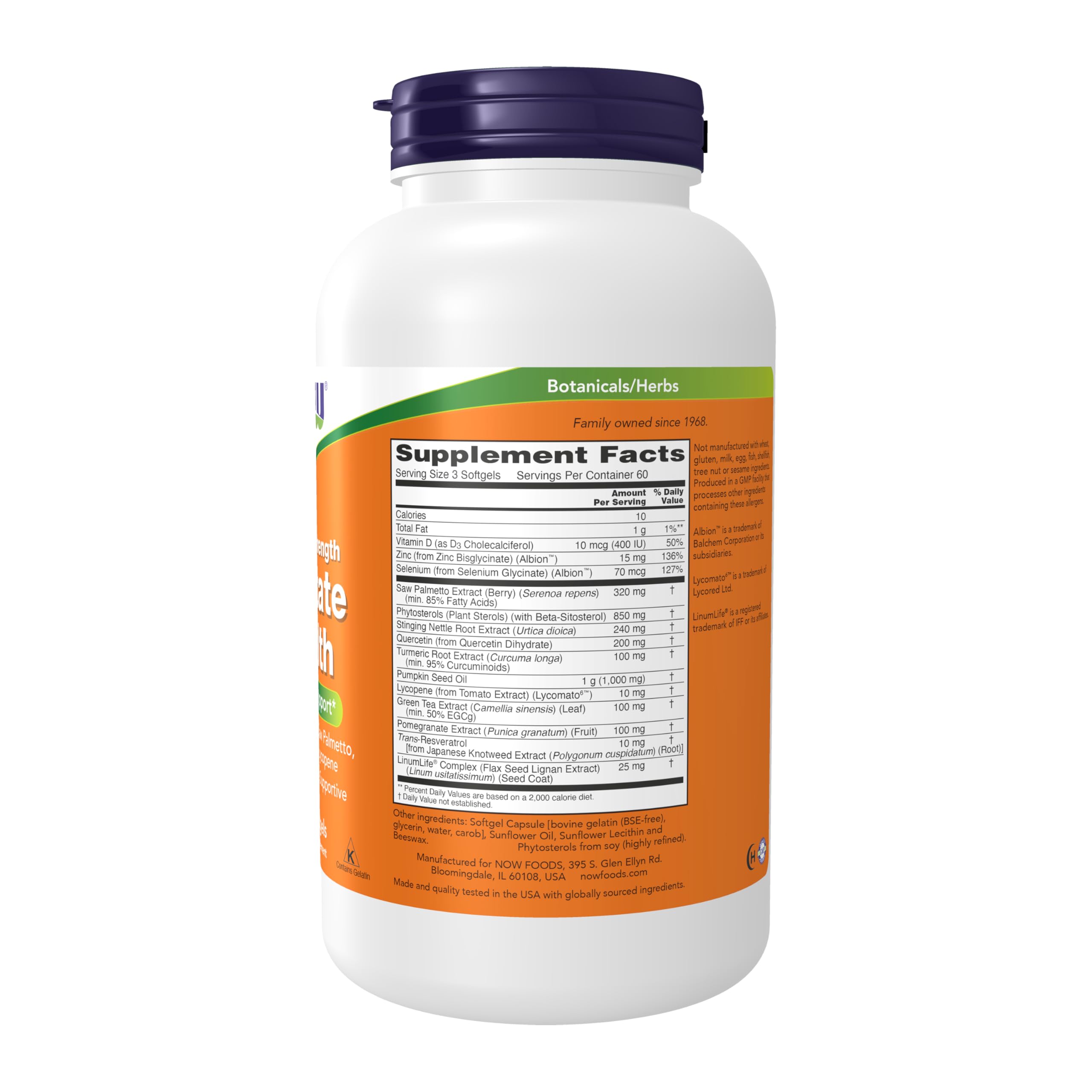 Étiquette NOW Foods Prostate Health avec ingrédients clés et usages recommandés