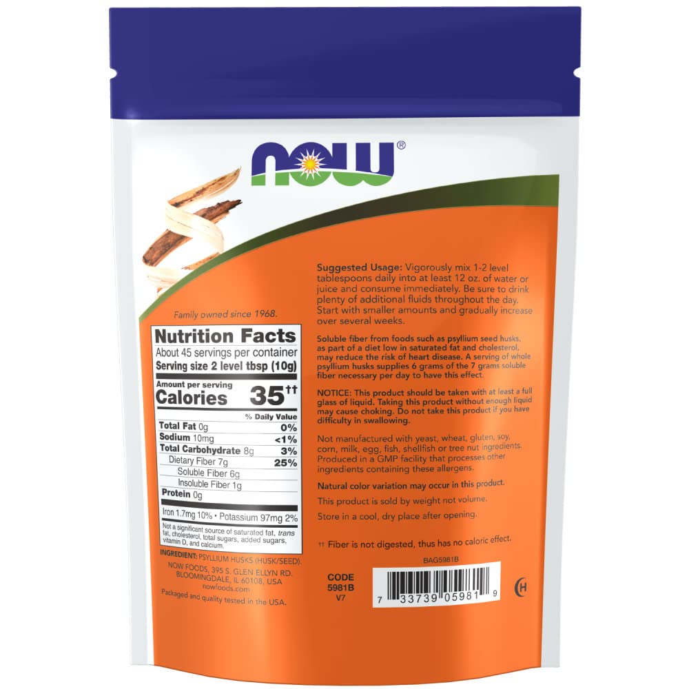 NOW Foods Psyllium cosse entières, dose mesurée, facilite le mélange dans l'eau.