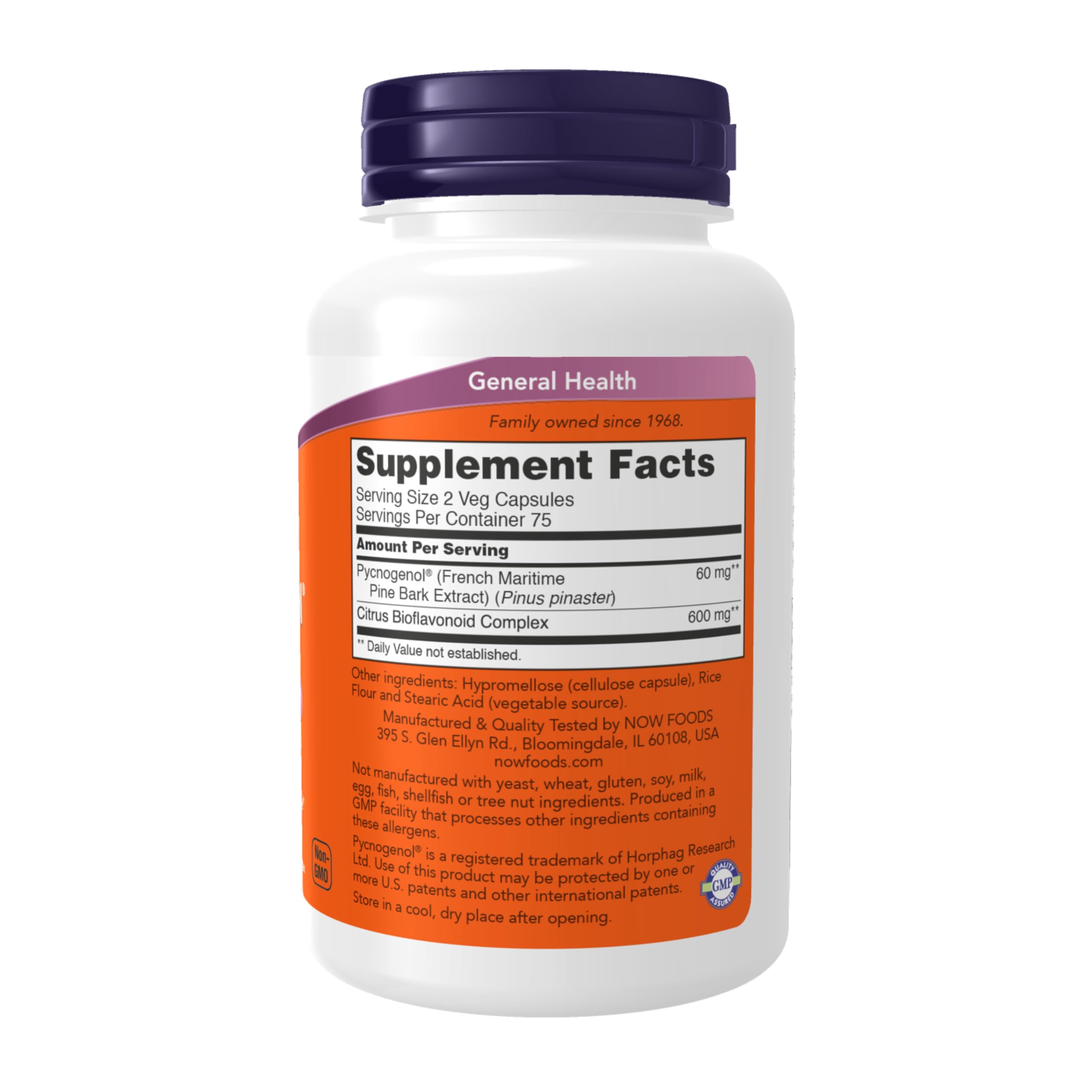 NOW Foods Pycnogenol, étiquette du produit, informations claires sur les bioflavonoïdes et usage suggéré.