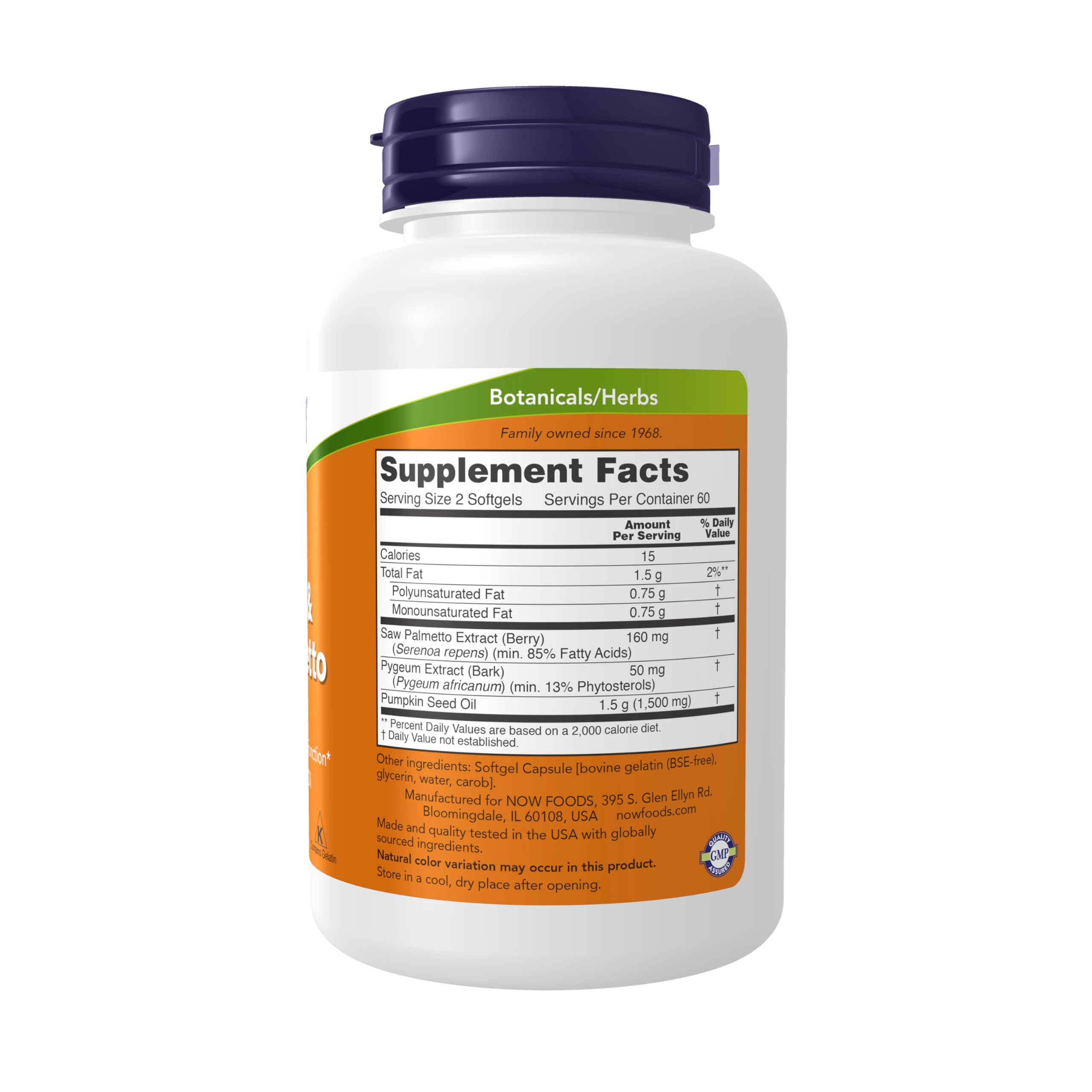 Étiquette NOW Foods Pygeum Saw Palmetto, produit naturel favorisant le bien-être prostatique potentiel.