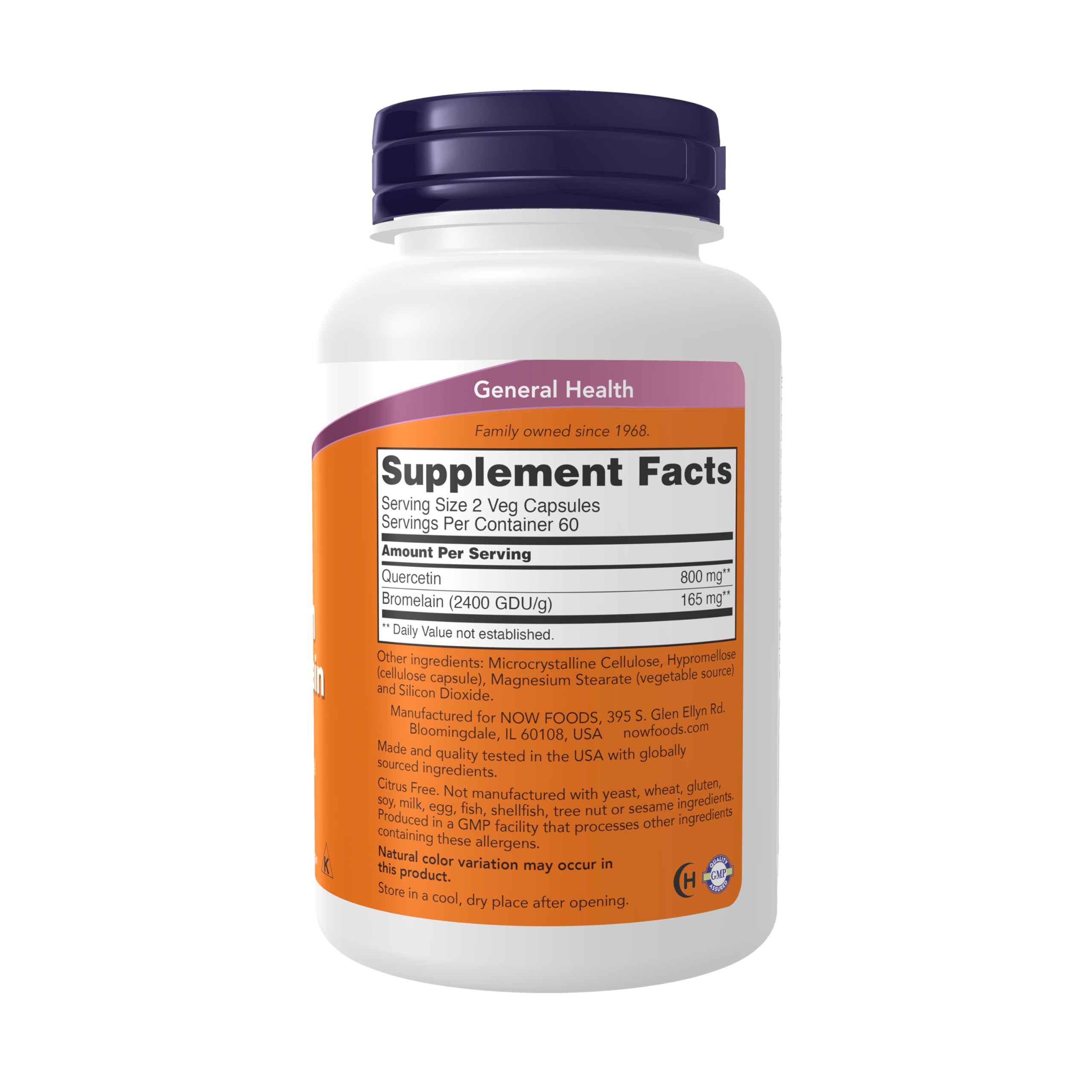 Étiquette NOW Foods Quercetine Bromelain avec informations clairement lisibles.