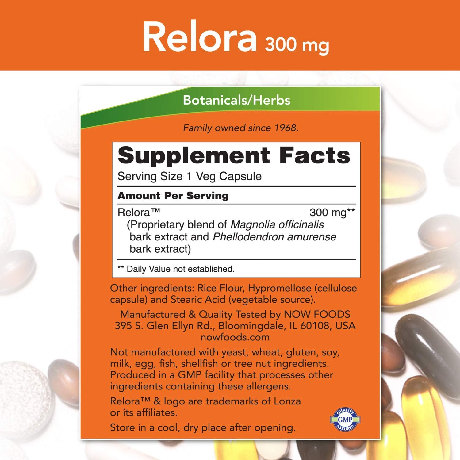 Boîte NOW Foods Relora avec étiquette, éventuel contrôle de l'appétit lié au stress.