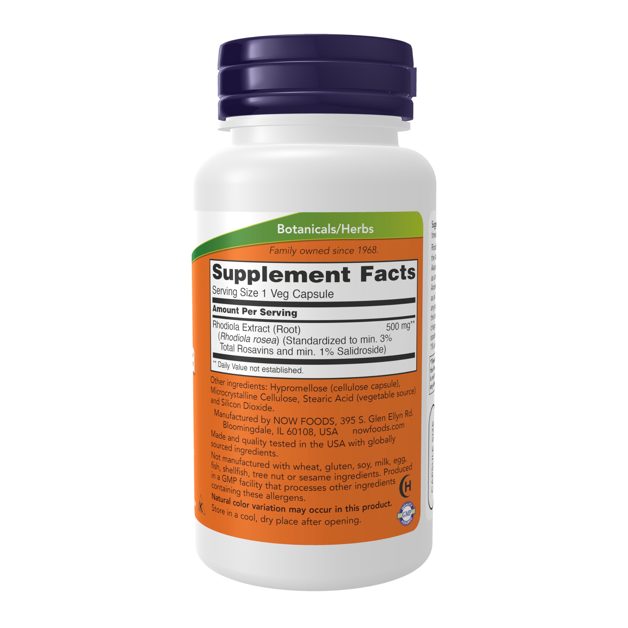 NOW Foods Rhodiola Rosea, etiquette lisible, indiquant ingrédients et dosage.