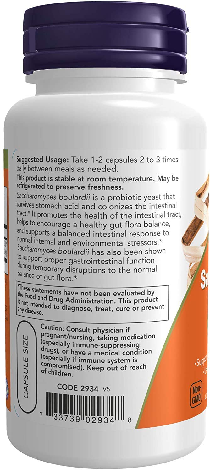 NOW Foods Saccharomyces boulardii étiquette nutritionnelle montrant la dose et les ingrédients.