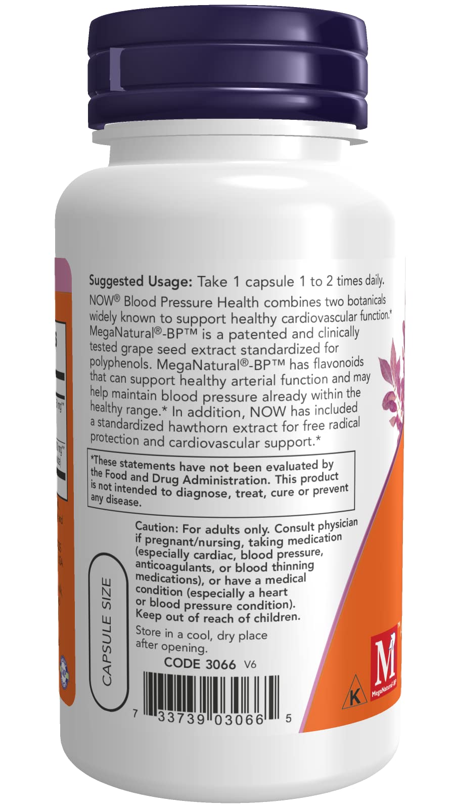 NOW Foods Blood Pressure Health — etiquette affichant composition et conseils d'utilisation.