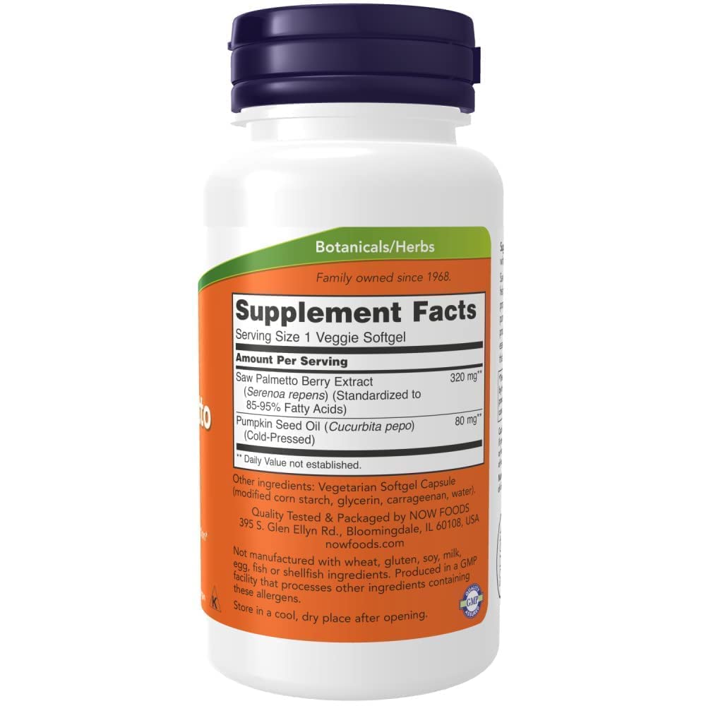 Boutelle NOW Foods Extrait palmier-nain 320 mg, 180 gélules au total.