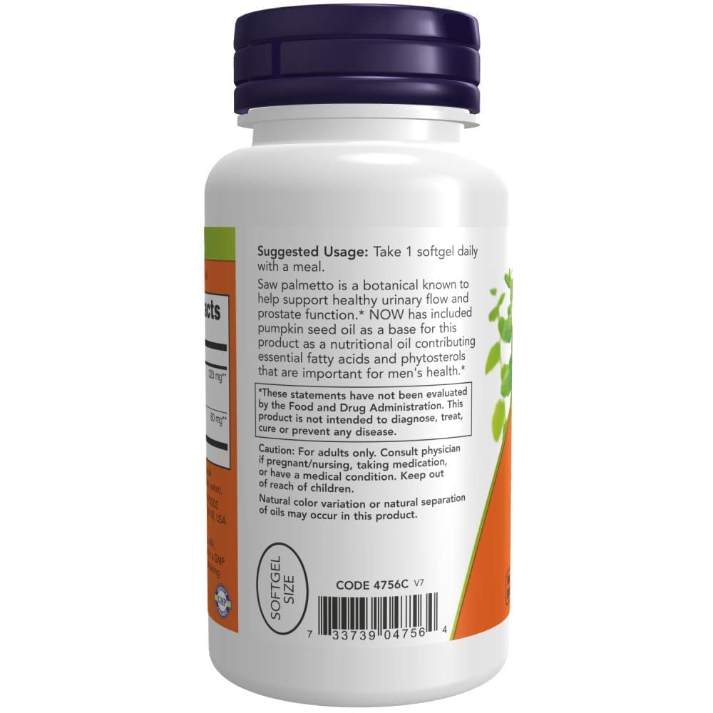Emballage NOW Foods Extrait palmier-nain 320 mg, étiquette claire.