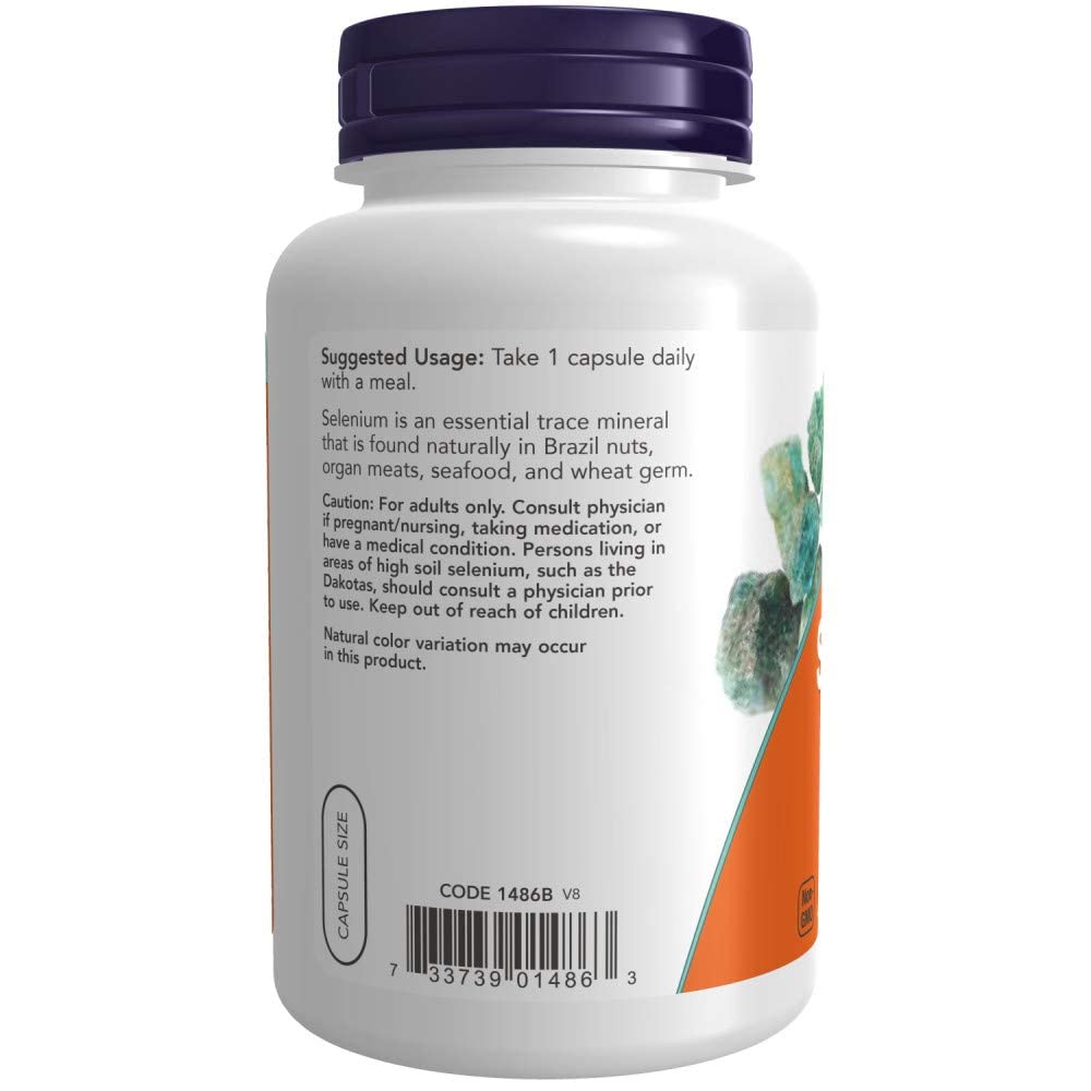 NOW Foods Sélénium 200 mcg VCaps étiquette claire avec dosage indiqué.