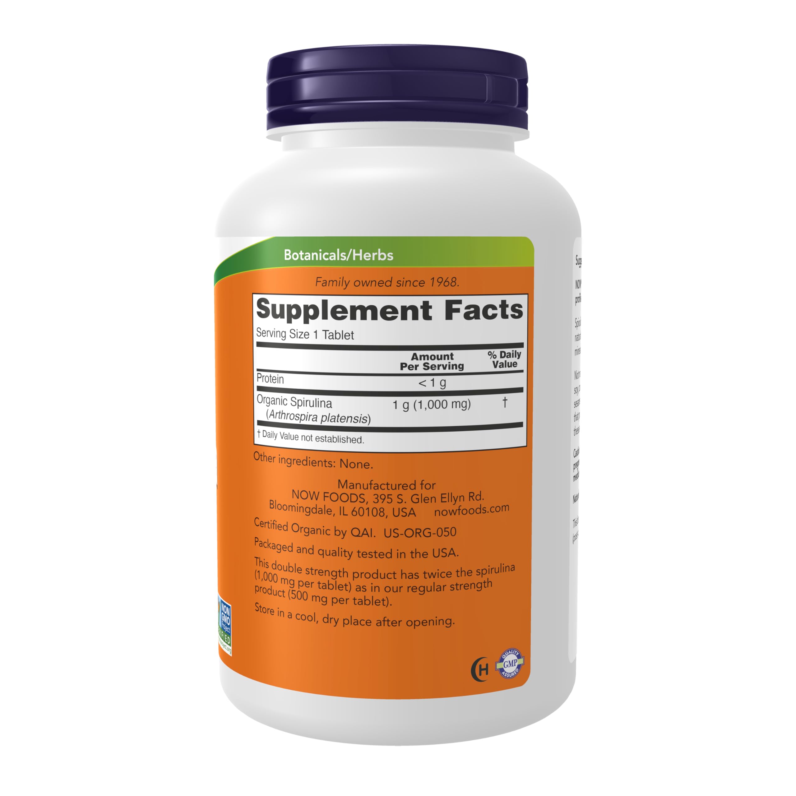 NOW Foods Spiruline, tablettes 1000 mg, dose élevée pratique.
