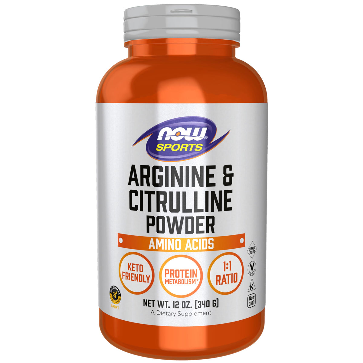 NOW Foods Arginine et Citrulline en poudre, bouteille visible, soutien potentiel à l'entraînement.