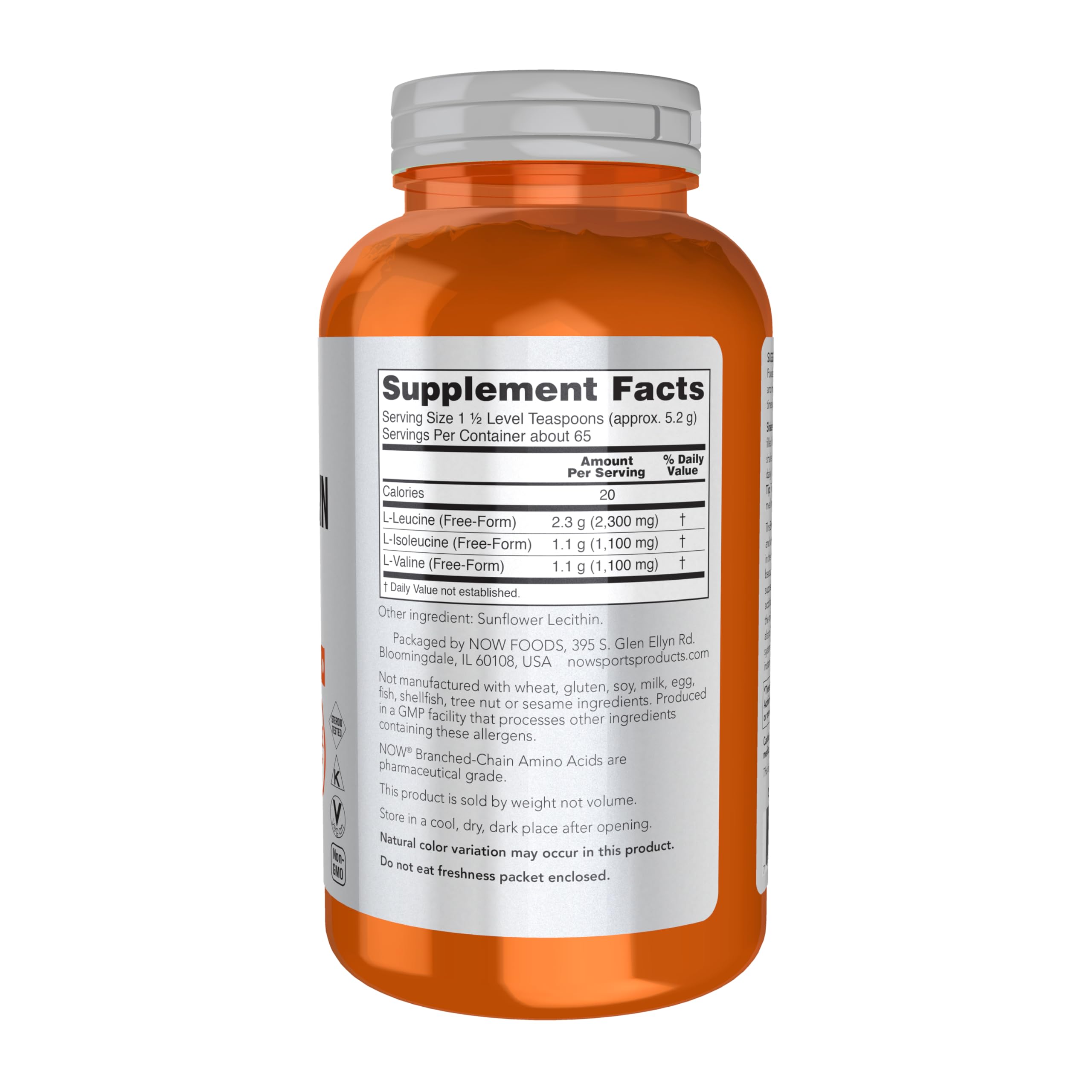 NOW Foods BCAA poudre – doseur visible, mesure précise pour une préparation rapide après l’entraînement.