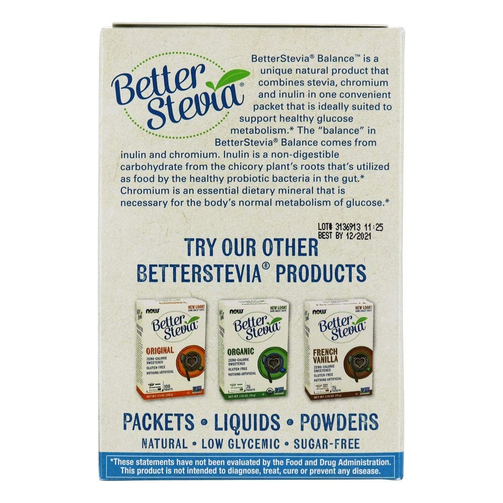  NOW Foods Stevia Balance – sachets individuels, goût agréable sans sucre ajouté.