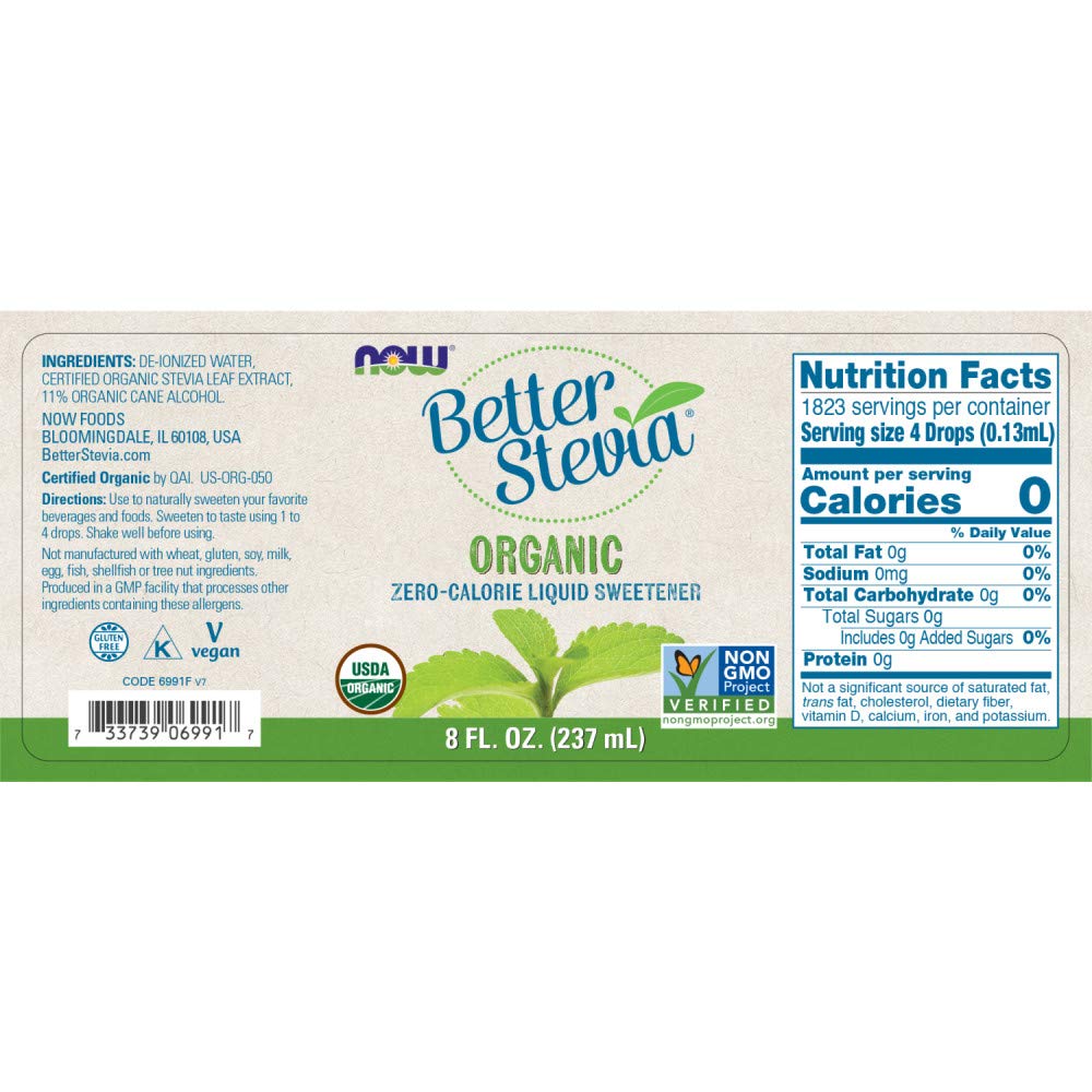 NOW Foods Stevia Extrait Bio dans café, douceur naturelle sans sucre ajouté.