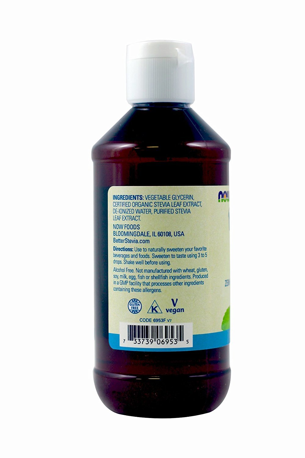 Étiquette NOW Foods Stevia Glycerite et emballage clair, utile pour repérer une option sans sucre.