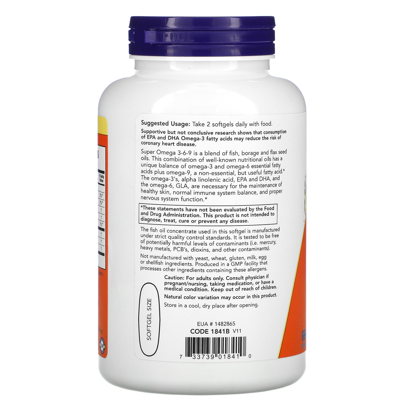 Étiquette NOW Foods Super Omega 3-6-9 et capsules, pratique pour l'apport en oméga essentiel