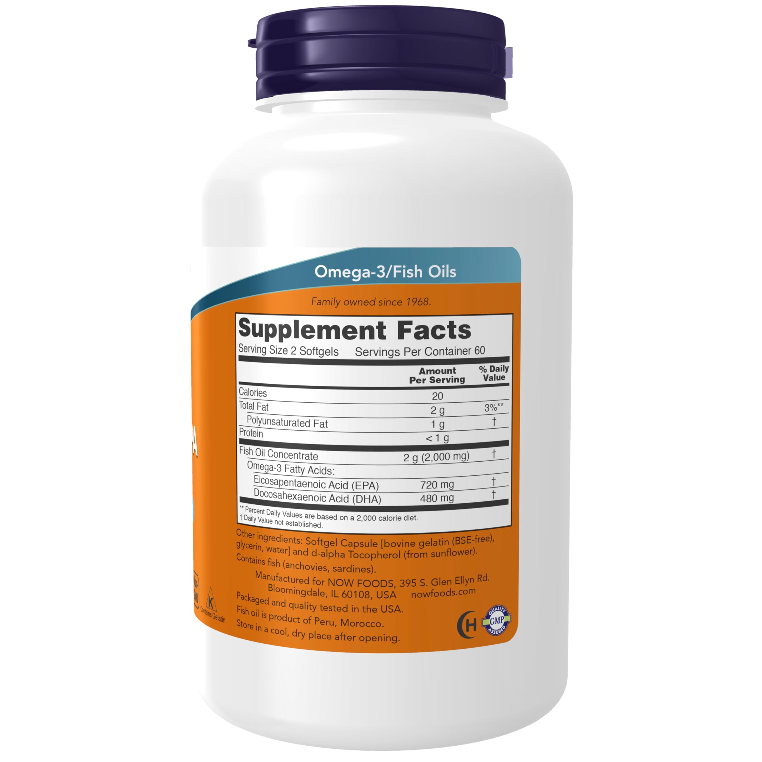 NOW Foods Super Omega EPA, capsules en gros plan montrant la concentration en EPA et DHA.