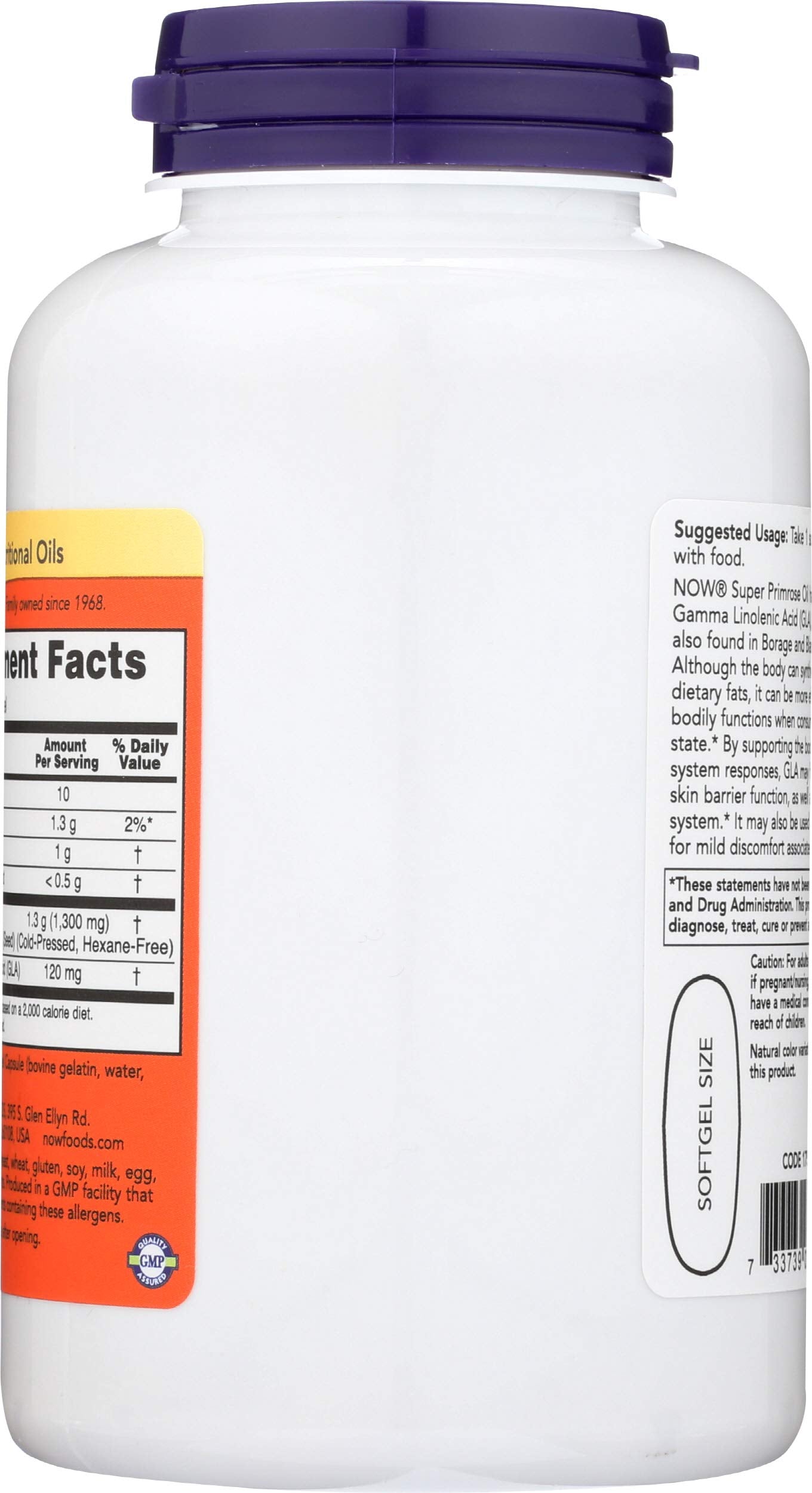 NOW Foods Super Primrose - etiquette-bouteille: informations claires et option sans gluten.