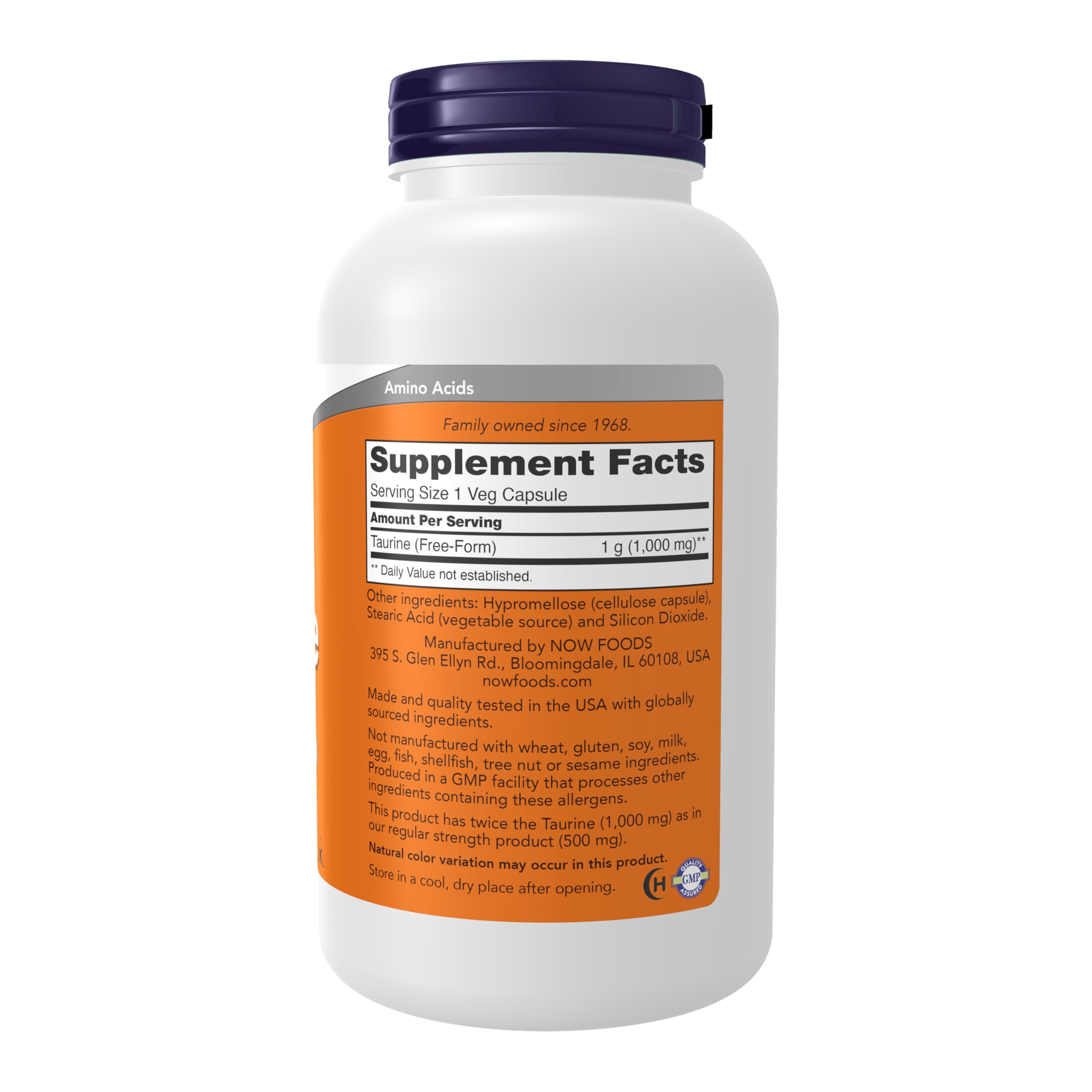 NOW Foods Taurine 1000 mg, étiquette: informations et statut vegan.