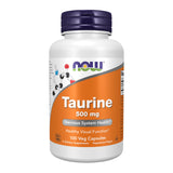 NOW Foods Taurine 500 mg capsules près de la bouteille, soutien énergie possible.