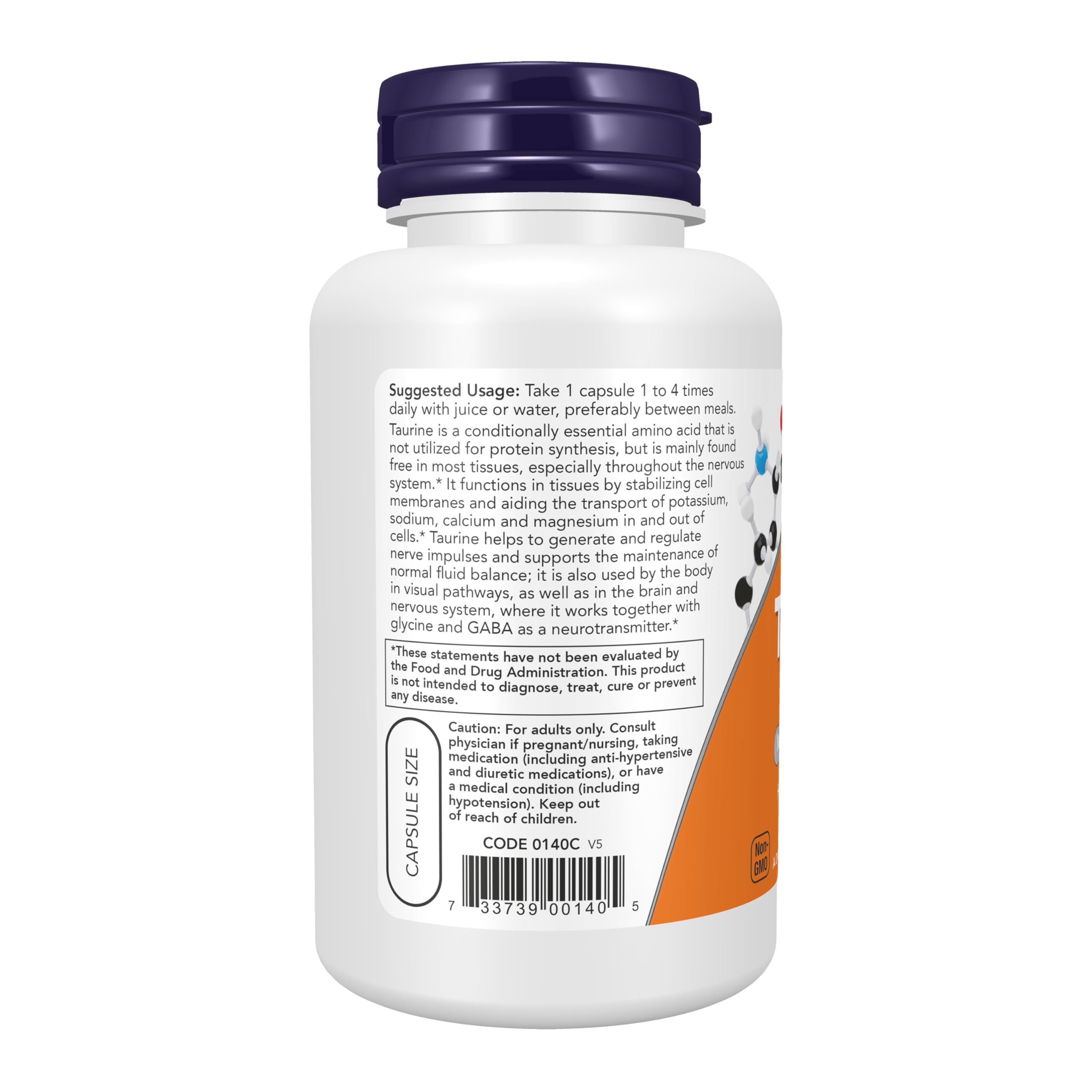 Capsules NOW Foods Taurine 500 mg visibles, équilibre quotidien potentiel.