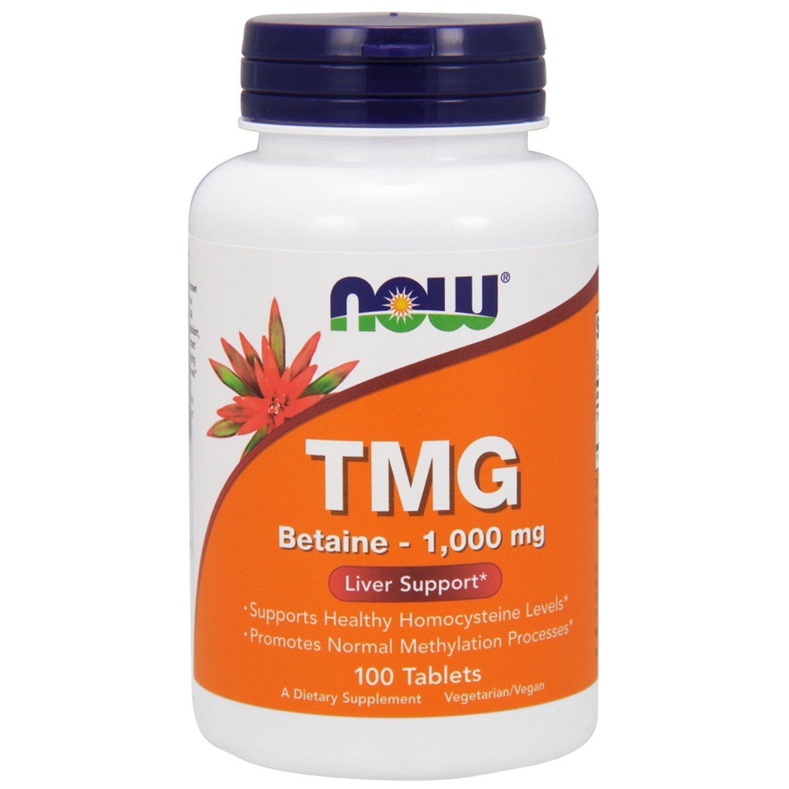 NOW Foods TMG 1000 mg comprimés dans un flacon clair, soutien potentiel à la santé cardiovasculaire