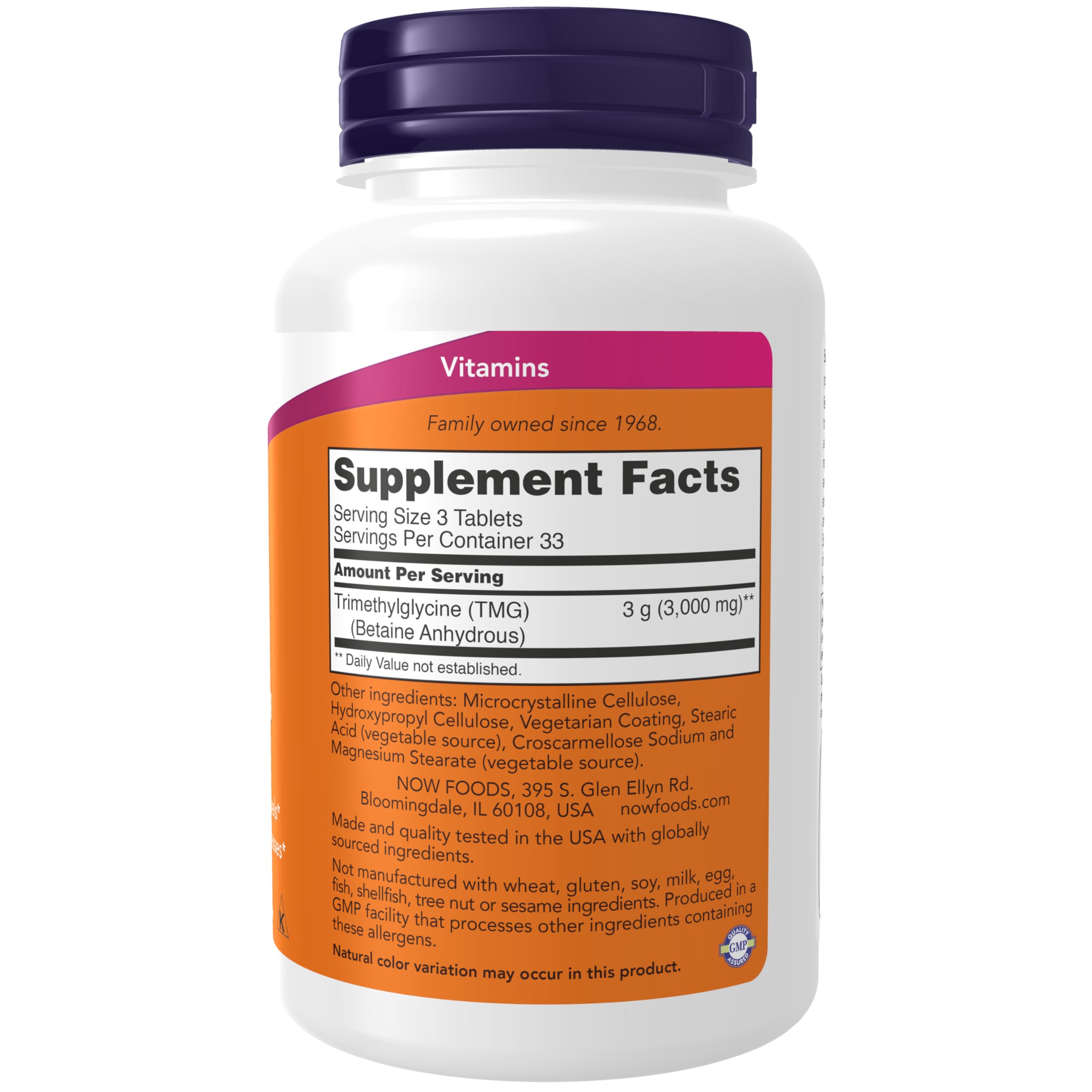 NOW Foods TMG Betaine 1000 mg – bouteille, dosage quotidien pratique pour la routine métabolique.
