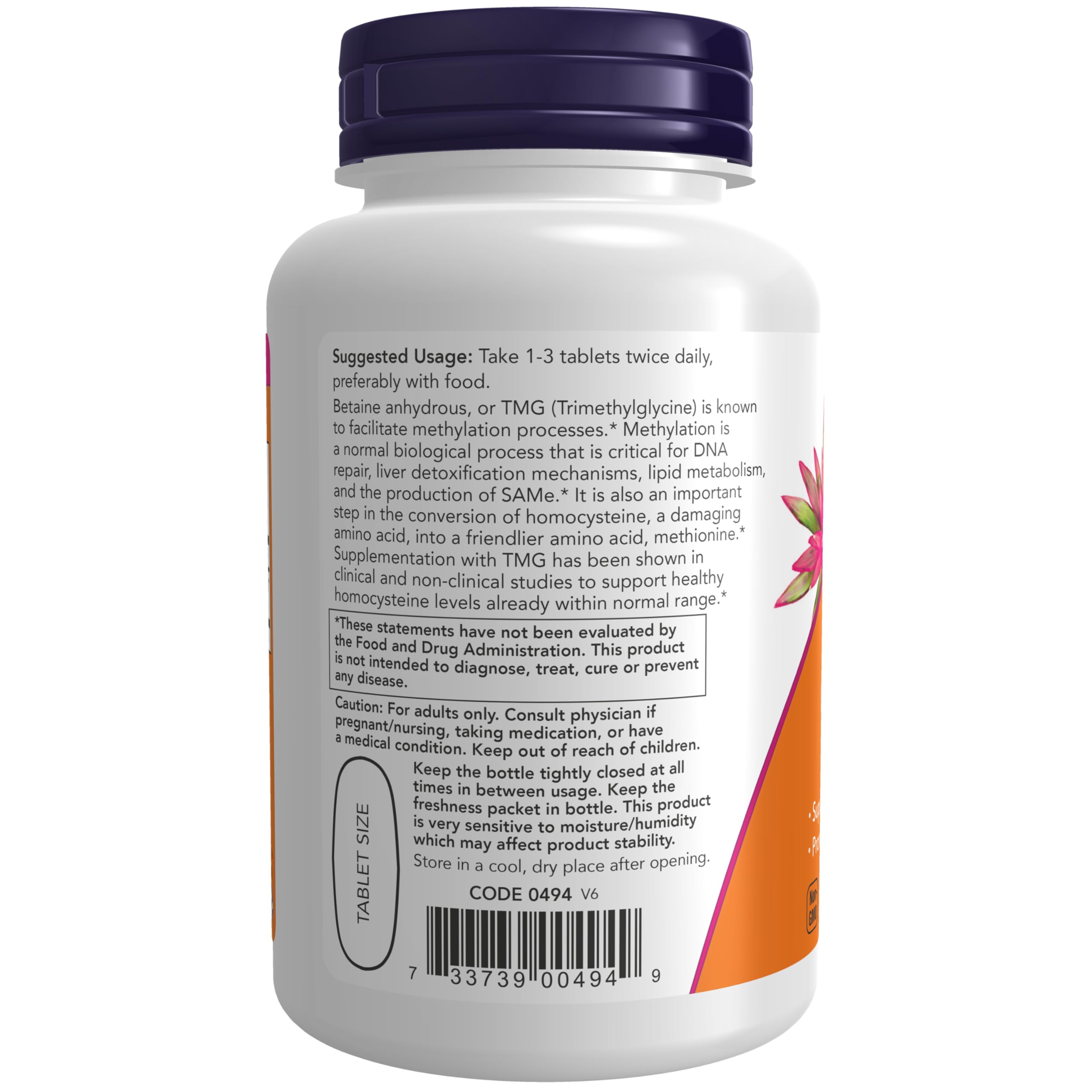 NOW Foods TMG 1000 mg, étiquette visible, informations claires sur le dosage.