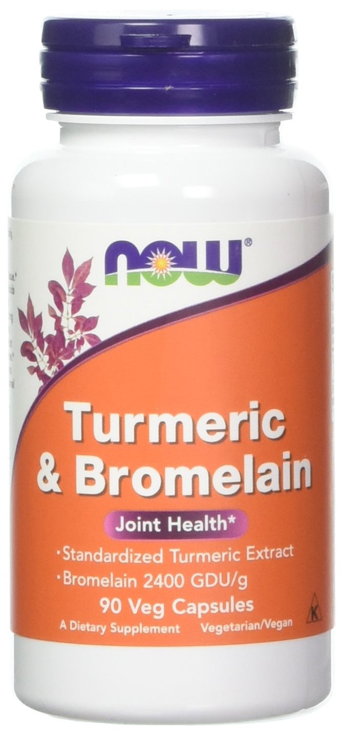 NOW Foods Turmeric Bromelain, bouteille de 90 capsules, usage quotidien pratique.