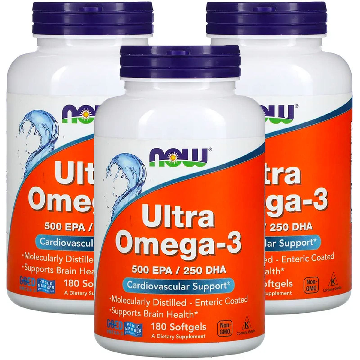 NOW Foods Ultra Omega-3, bouteille de capsules softgel, soutien potentiel au bien-être quotidien.