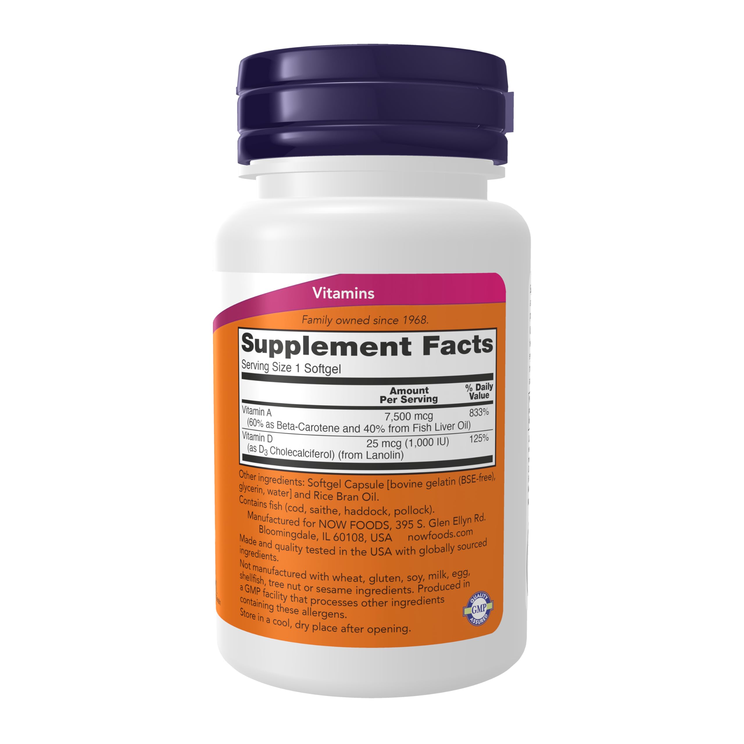 NOW Foods Vitamine A et D3, étiquette lisible pour comprendre le dosage recommandé.
