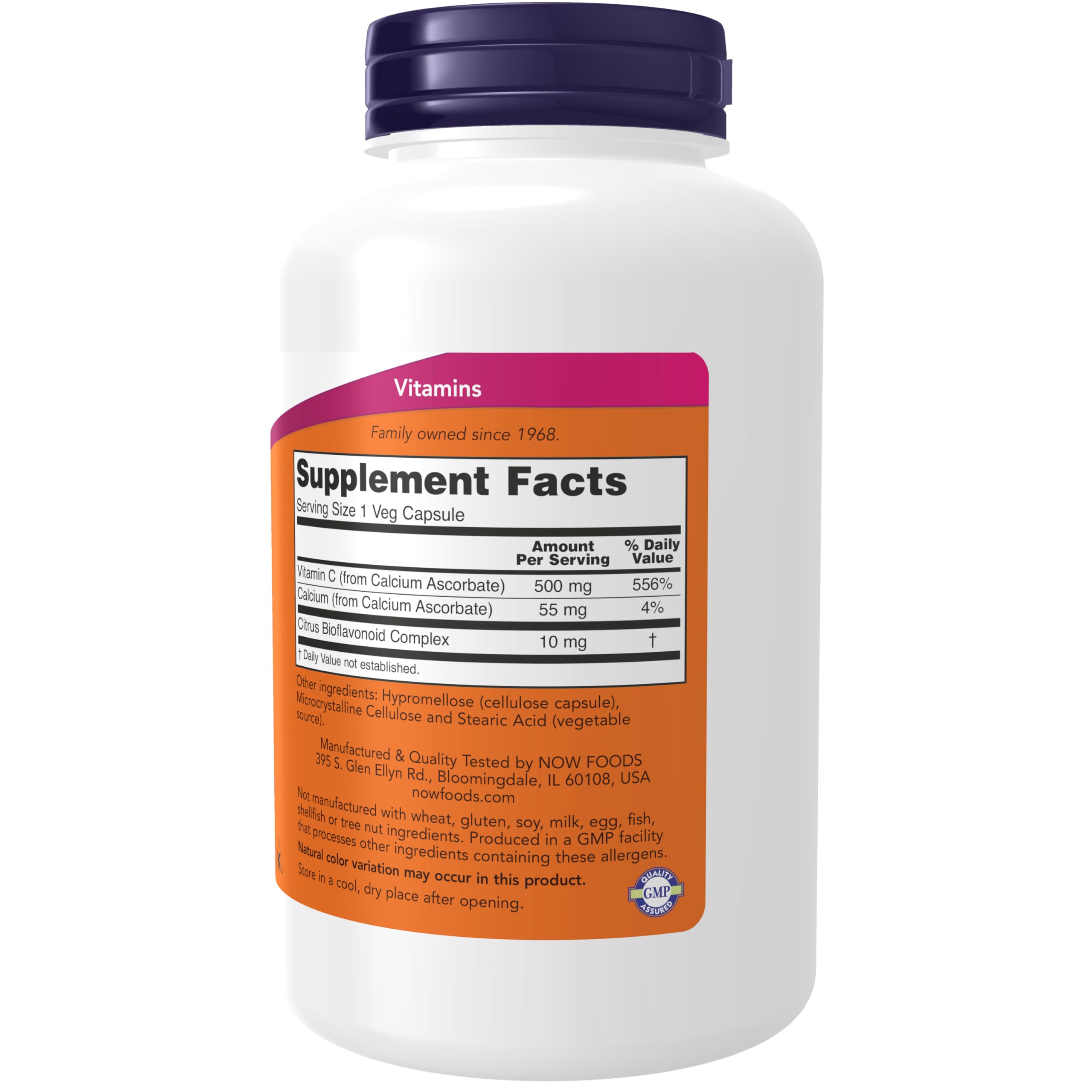 NOW Foods Vitamine C-500 Calcium Ascorbate, capsules, close-up sur bouchon