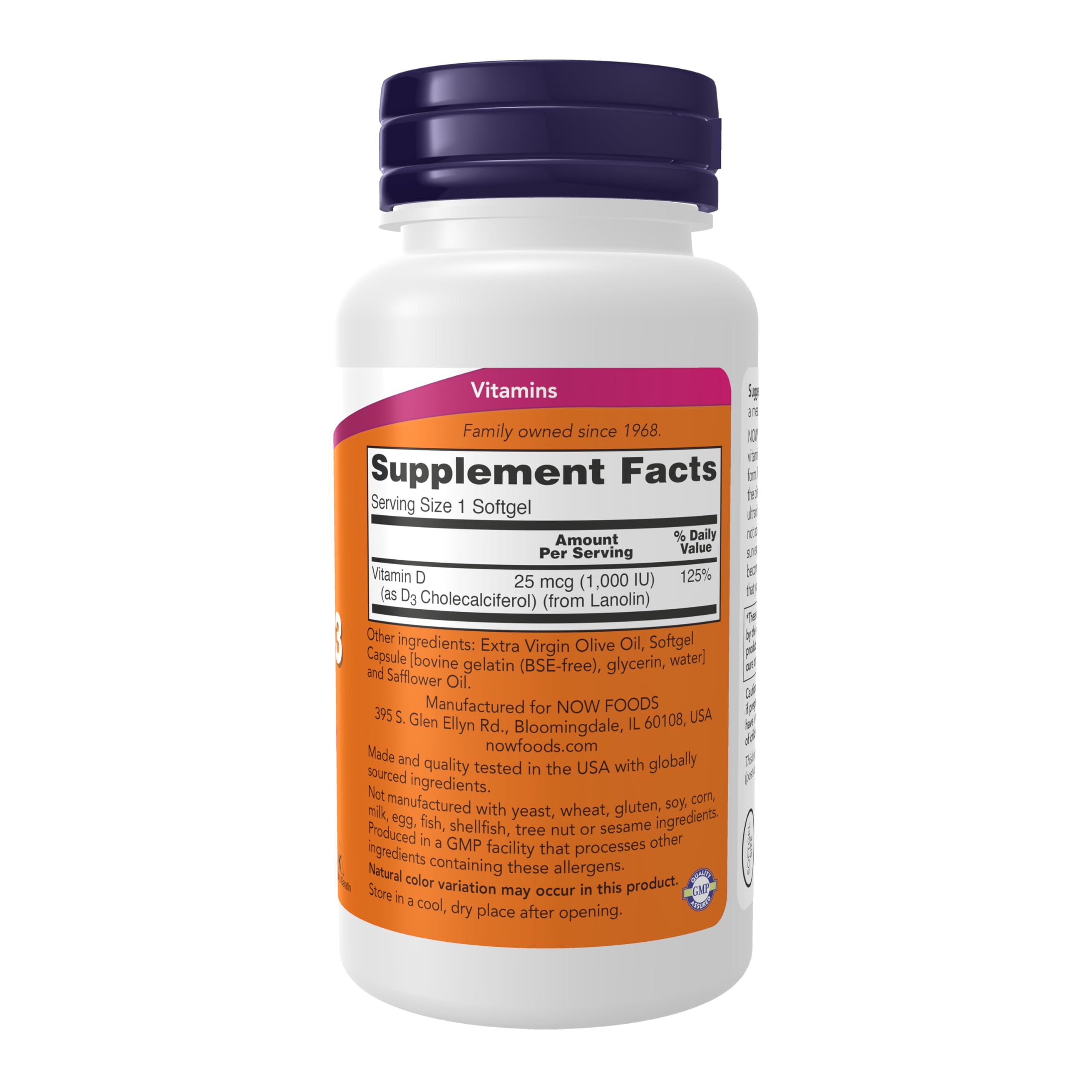 NOW Foods Vitamine D-3 1000 UI, étiquette et emballage, informations produit claires