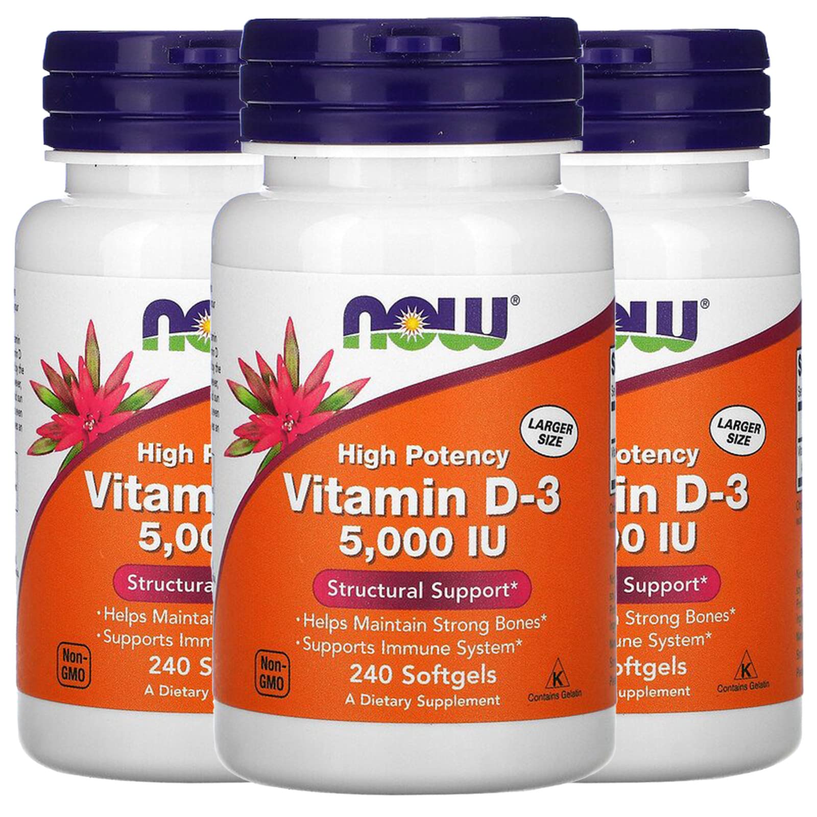 NOW Foods vitamine D-3 5000 UI – bouteille de gélules molles pratique