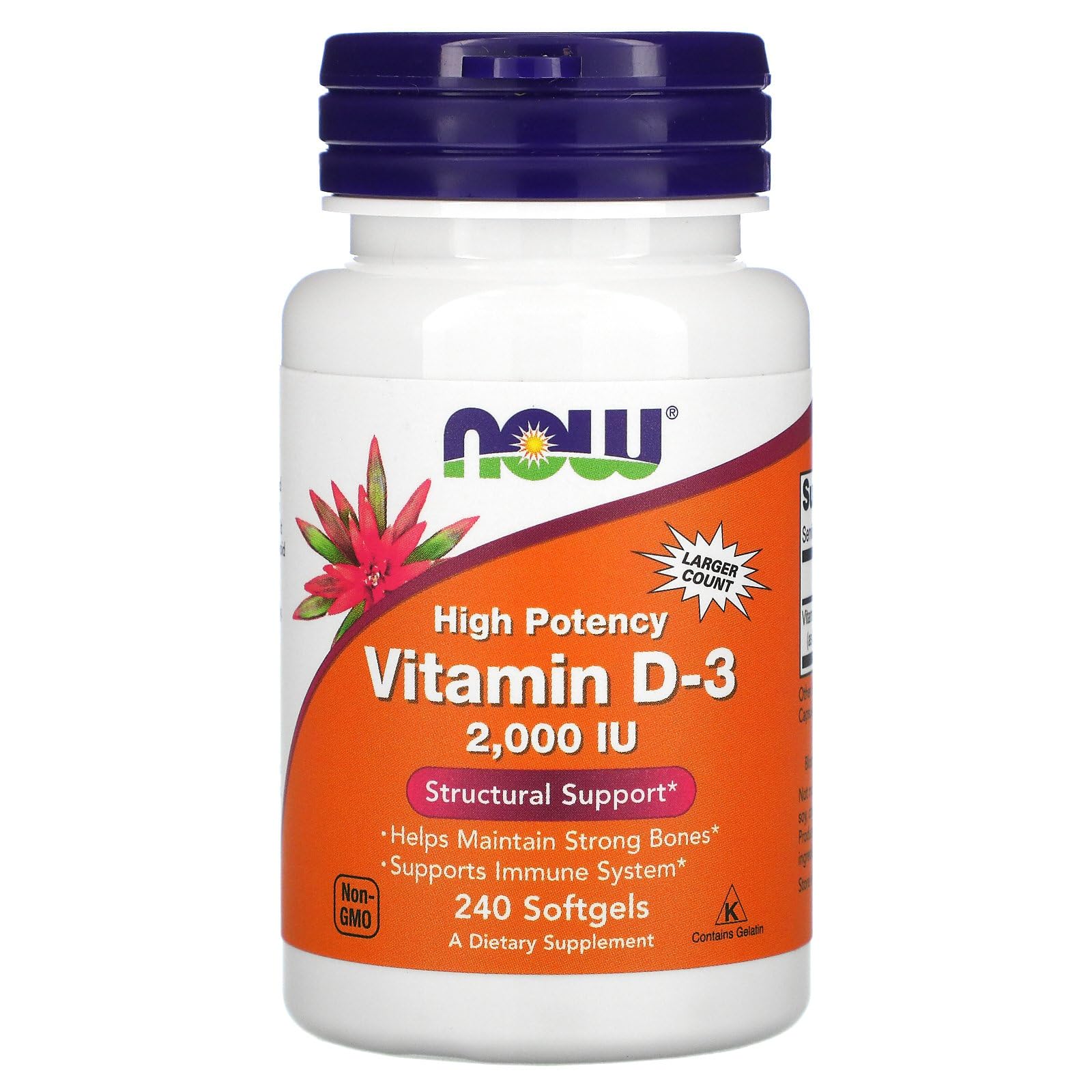 Étiquette NOW Foods Vitamine D-3 indiquant 50 µg par gélule pour l'apport quotidien